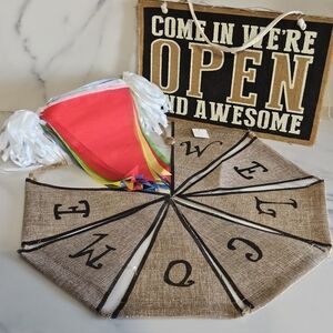 BNIP - Burlap Welcome & Vibrant Pennant Banner ☆ OPEN/CLOSED New Store Signage ☆
